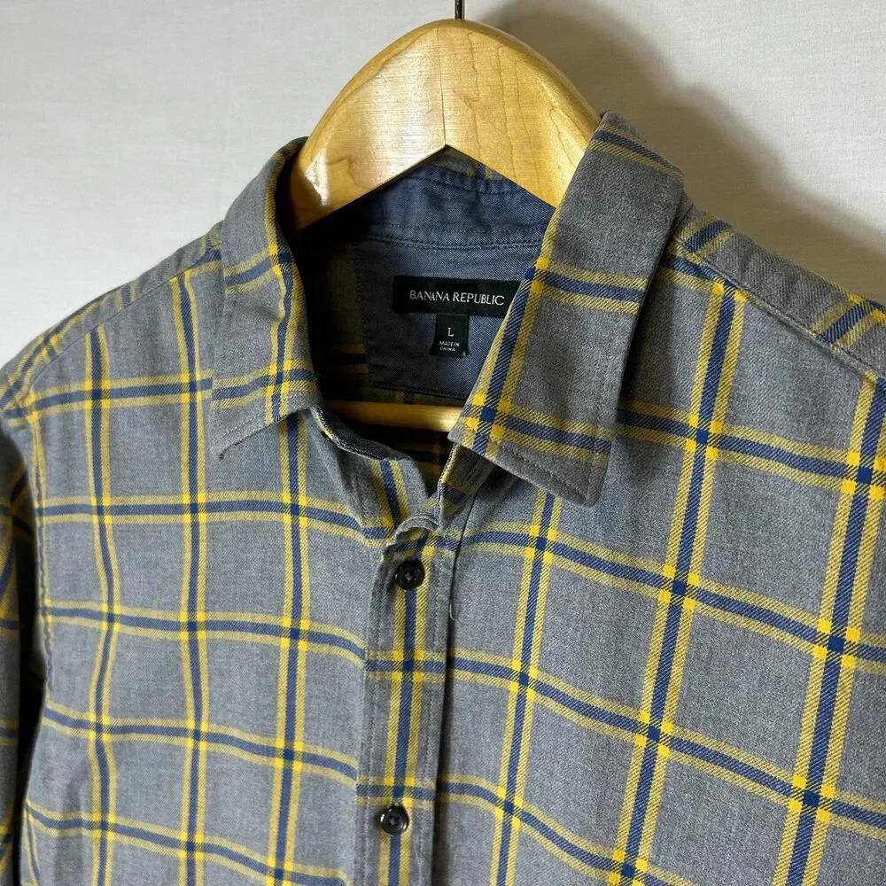 Banana Republic Men's Gray Yellow Blue Windowpane Plaid LS Flannel Shirt Size L